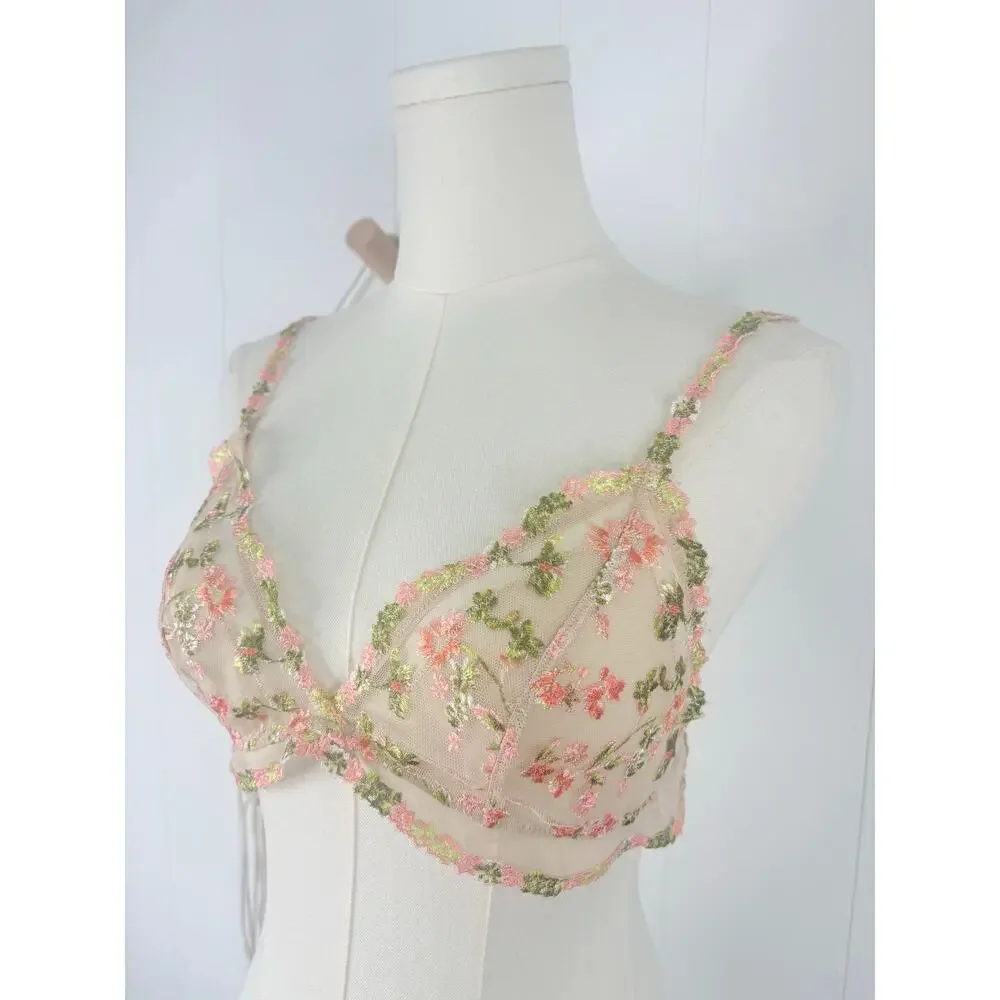 Aerie Mesh Embroidered Floral Bra Medium Coquette Festival Bralette Fairy
